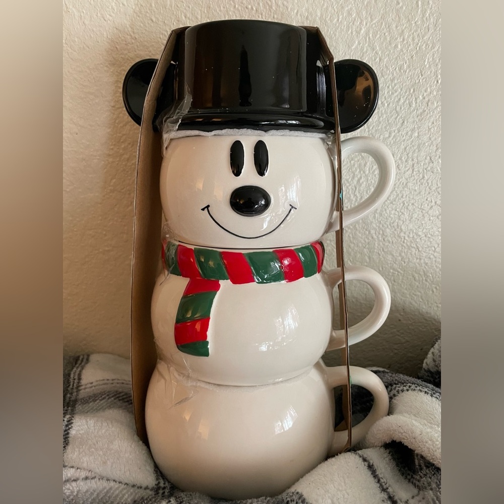 Disney Christmas Mickey Stackable Snowman Set of 4 Holiday Ceramic Coffee Mugs